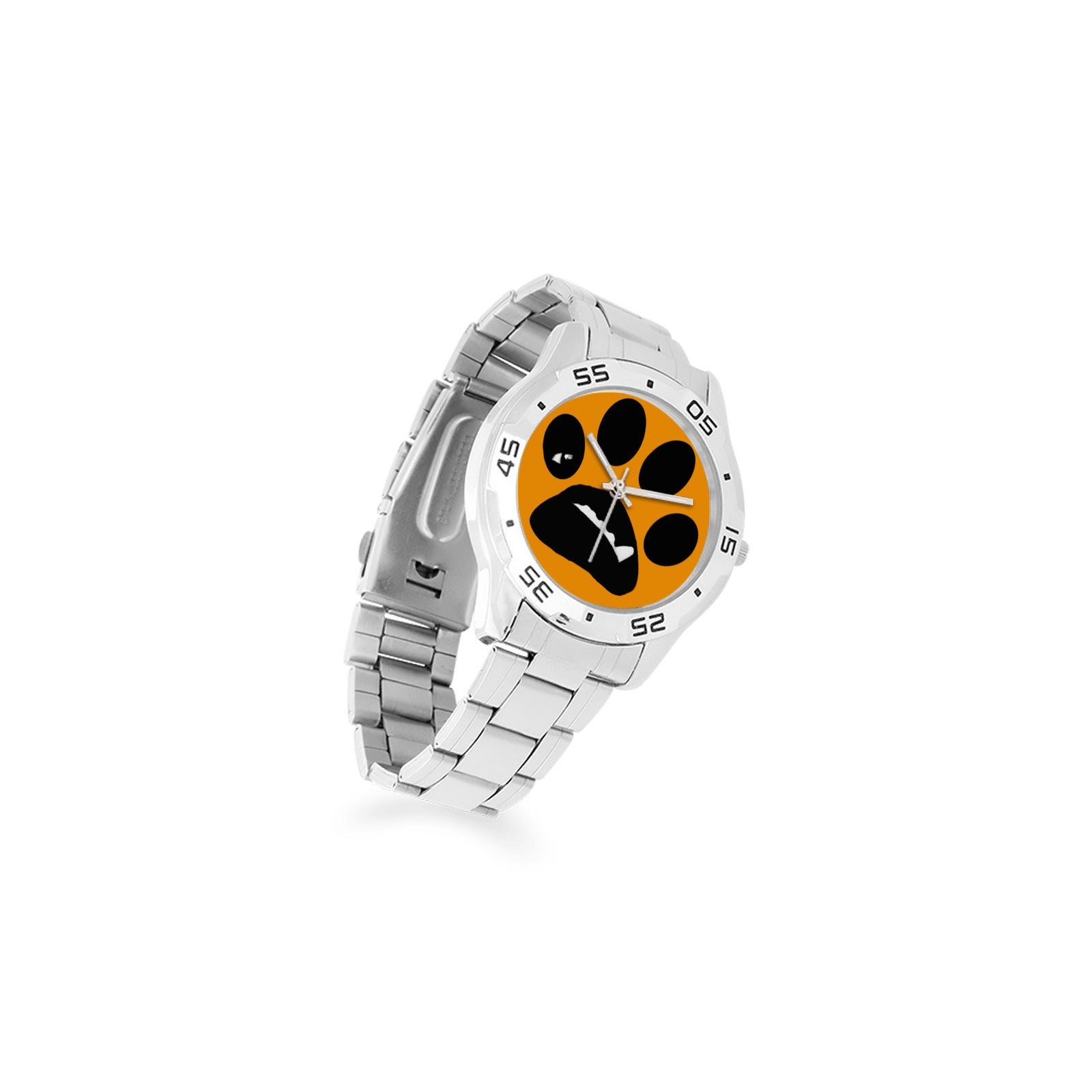 Angled view of BooBooFace unisex analog watch showcasing orange face with black paw print and stainless steel band. Fashionable and versatile.