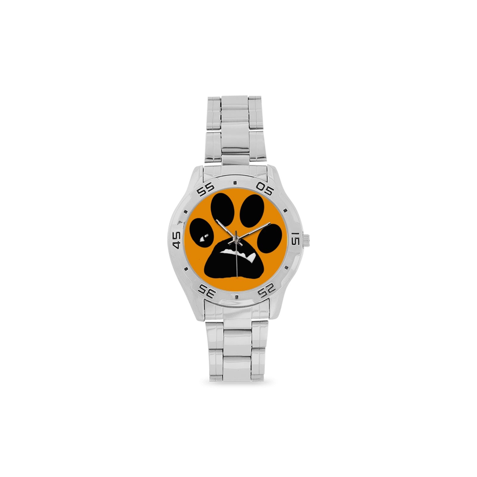 BooBooFace unisex analog watch with orange face featuring a black paw print design and a stainless steel band. Stylish and durable accessory.