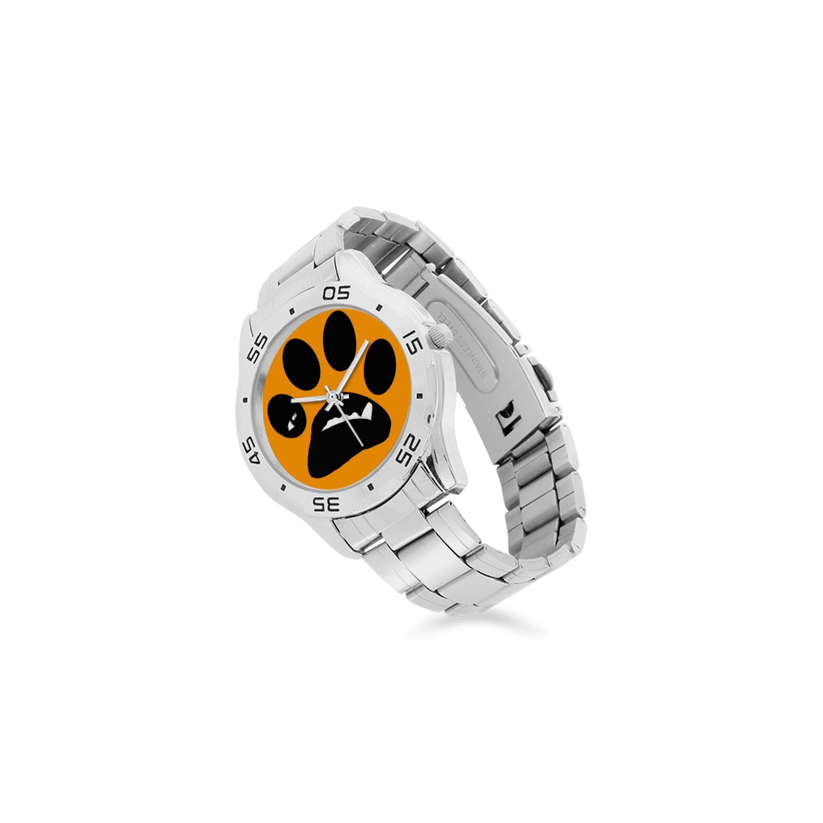 Side view of BooBooFace unisex analog watch with orange face, black paw print design, and stainless steel band. Modern and sleek design.