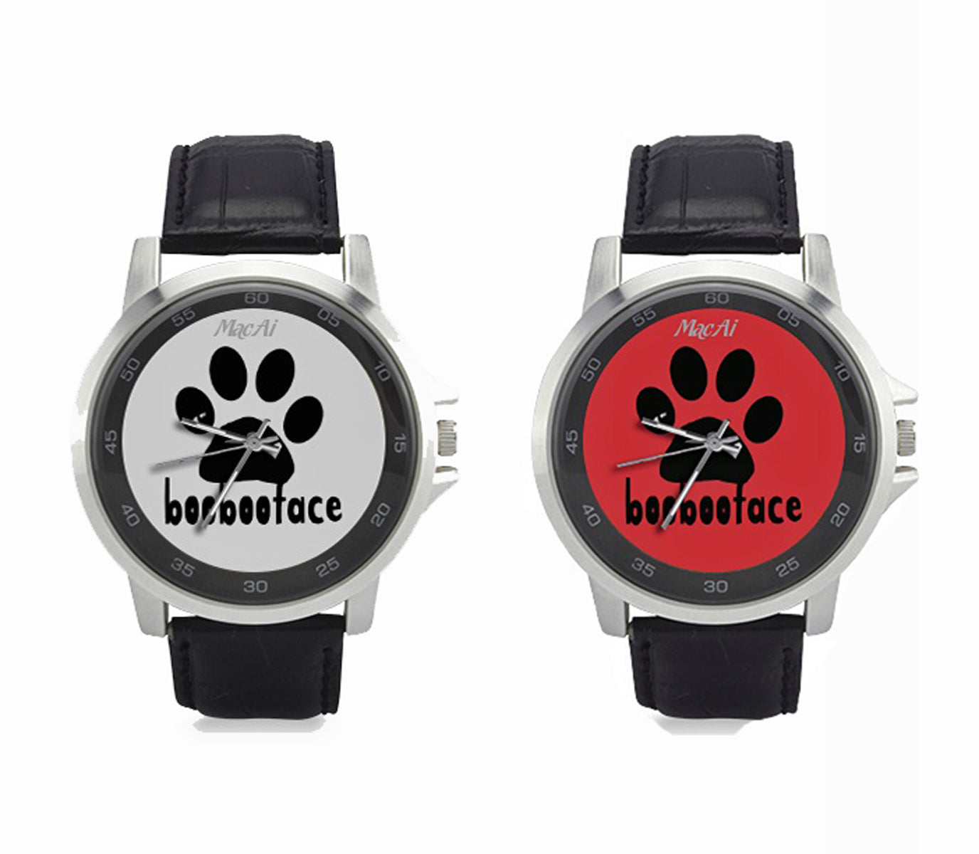 MacAi 'BooBooFace' with words Red or White Face Background Stainless Steel Leather Strap Watch